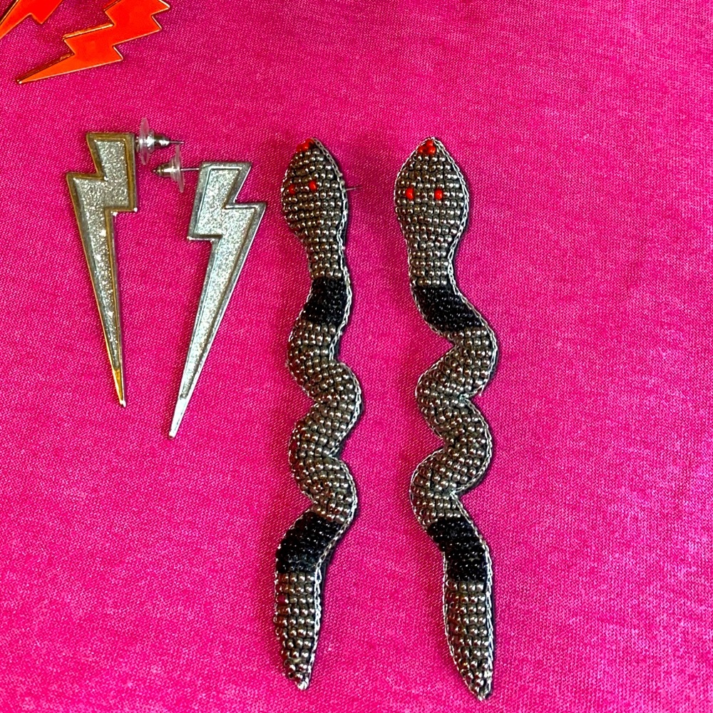 earrings - snakes, butterfly huggies, star dangle, and lightening bolt